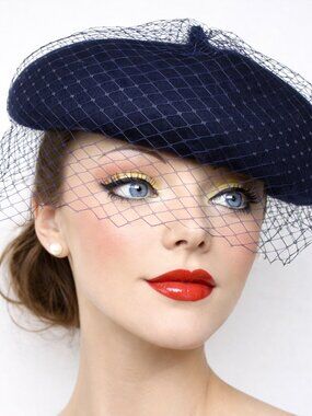 Navy Blue Wool Felt Beret w Veil Netting Church Party Retro Style Hat - Hey Viv